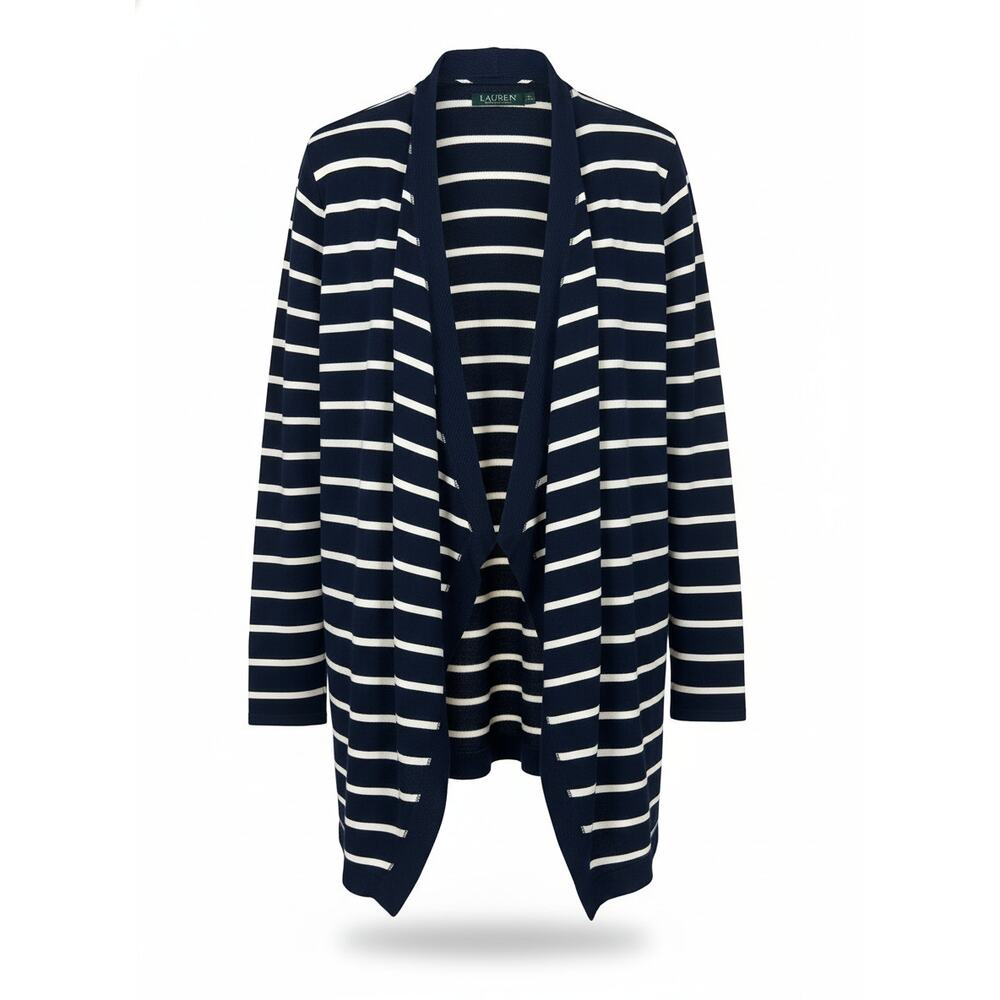 Lauren Ralph Lauren Women M Nautical Preppy Coastal Striped Draped Open Cardigan